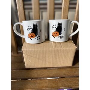 New! Hyde And Eek! Boutique Stone wear Mugs Set Of 2 "Boo To You" Cat Pumpkin
